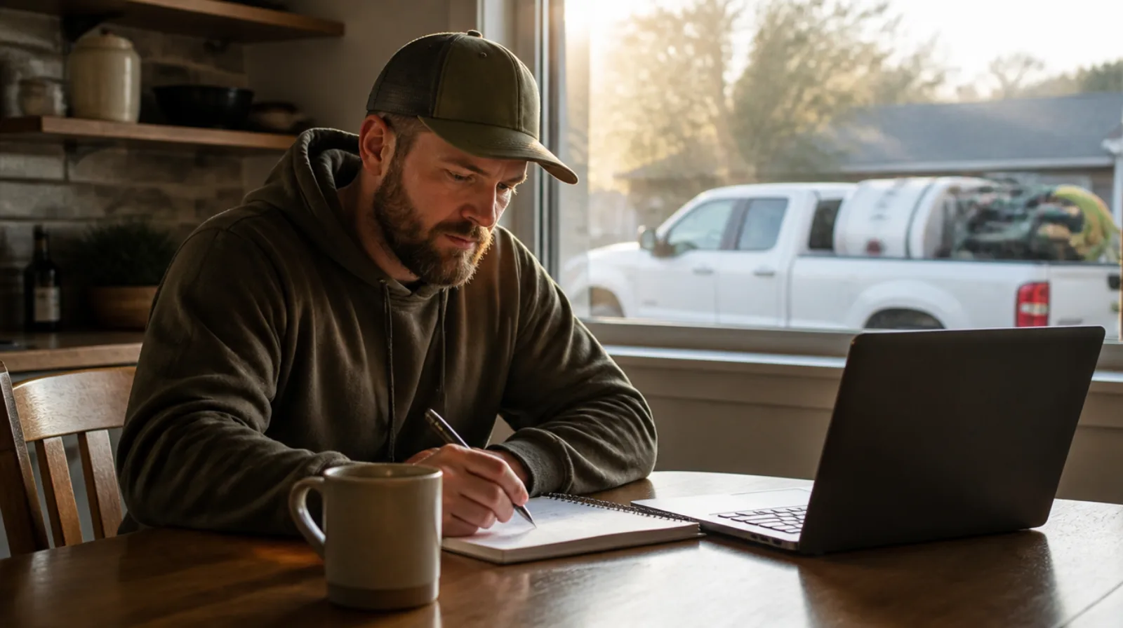 Pressure washing business owner working through his first-year numbers in a notebook at the kitchen table, his truck and wash rig parked outside the window