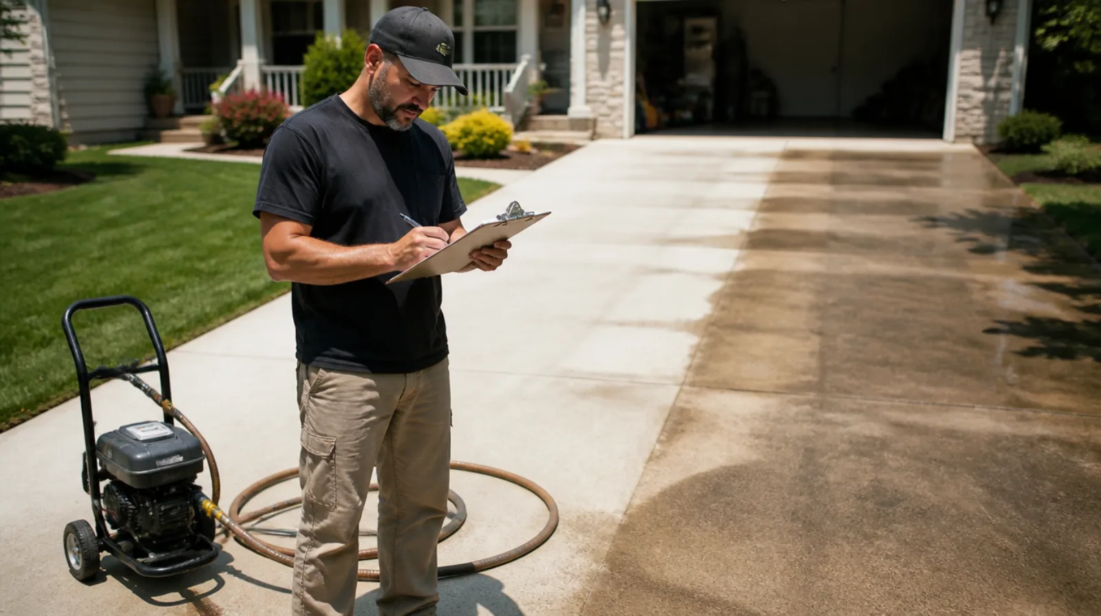 Pressure washing business owner writing a price quote on a clipboard beside his machine, on a driveway that is half cleaned and half still stained