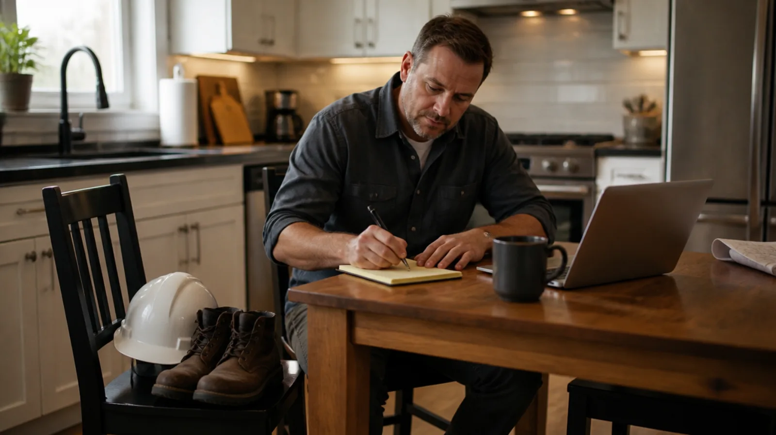 Roofing company owner sitting at a kitchen table early in the morning writing notes beside a laptop, with a hard hat and work boots on the chair next to him