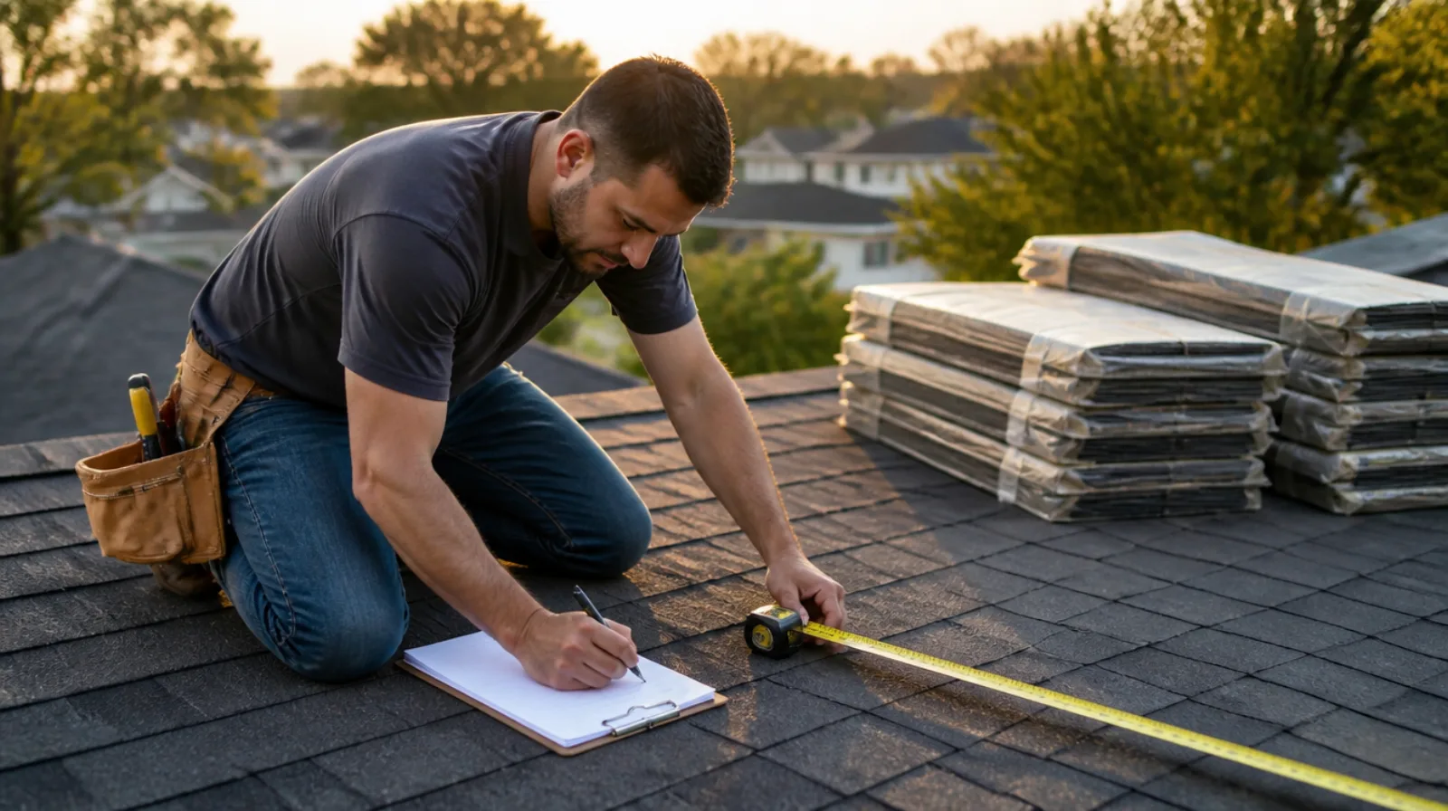 Roofing contractor kneeling on a shingle roof with a tape measure, writing figures on a clipboard next to stacked bundles of shingles
