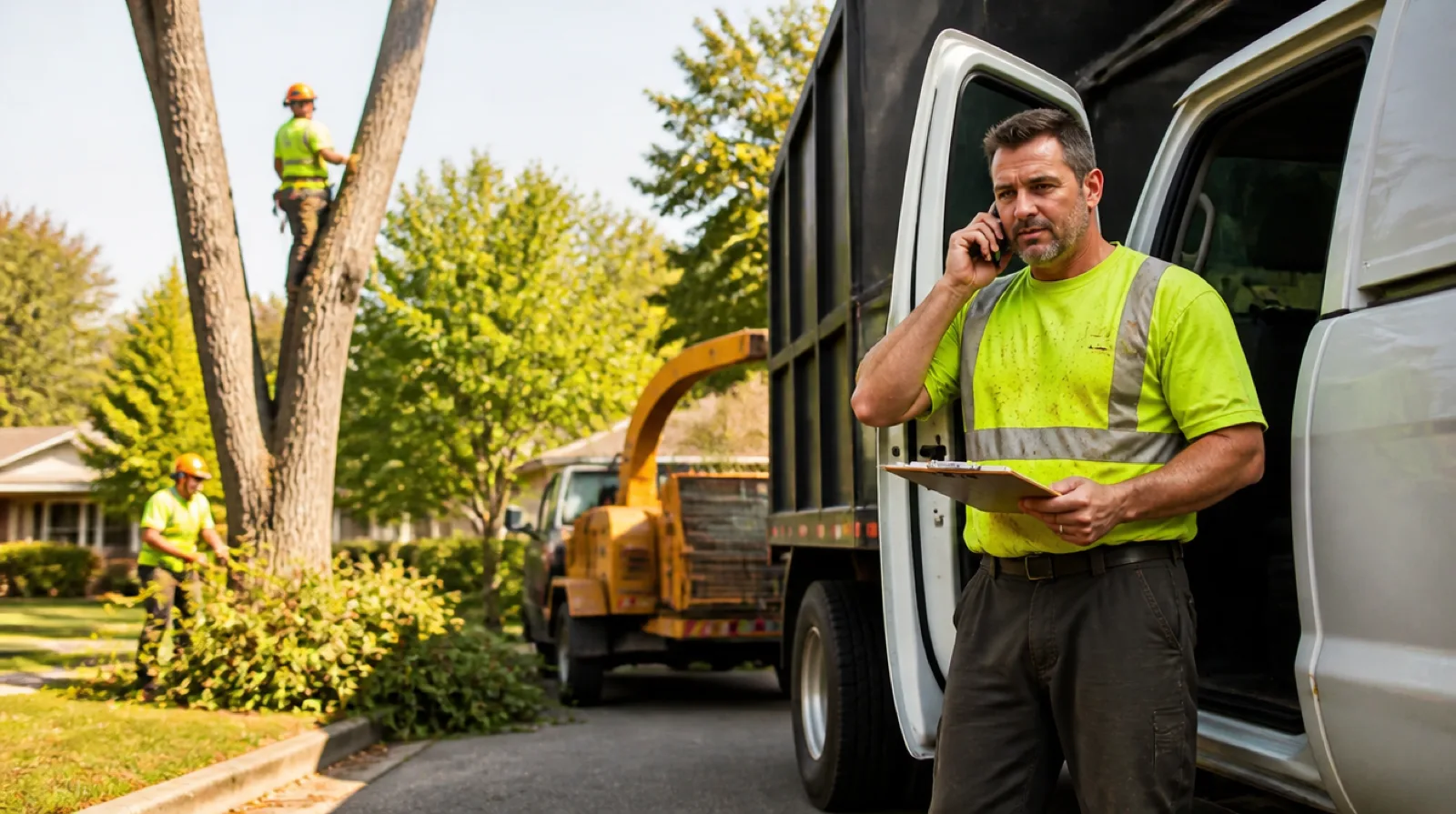 Tree service owner on the phone beside his chip truck, holding a clipboard, while his crew trims a tree behind him