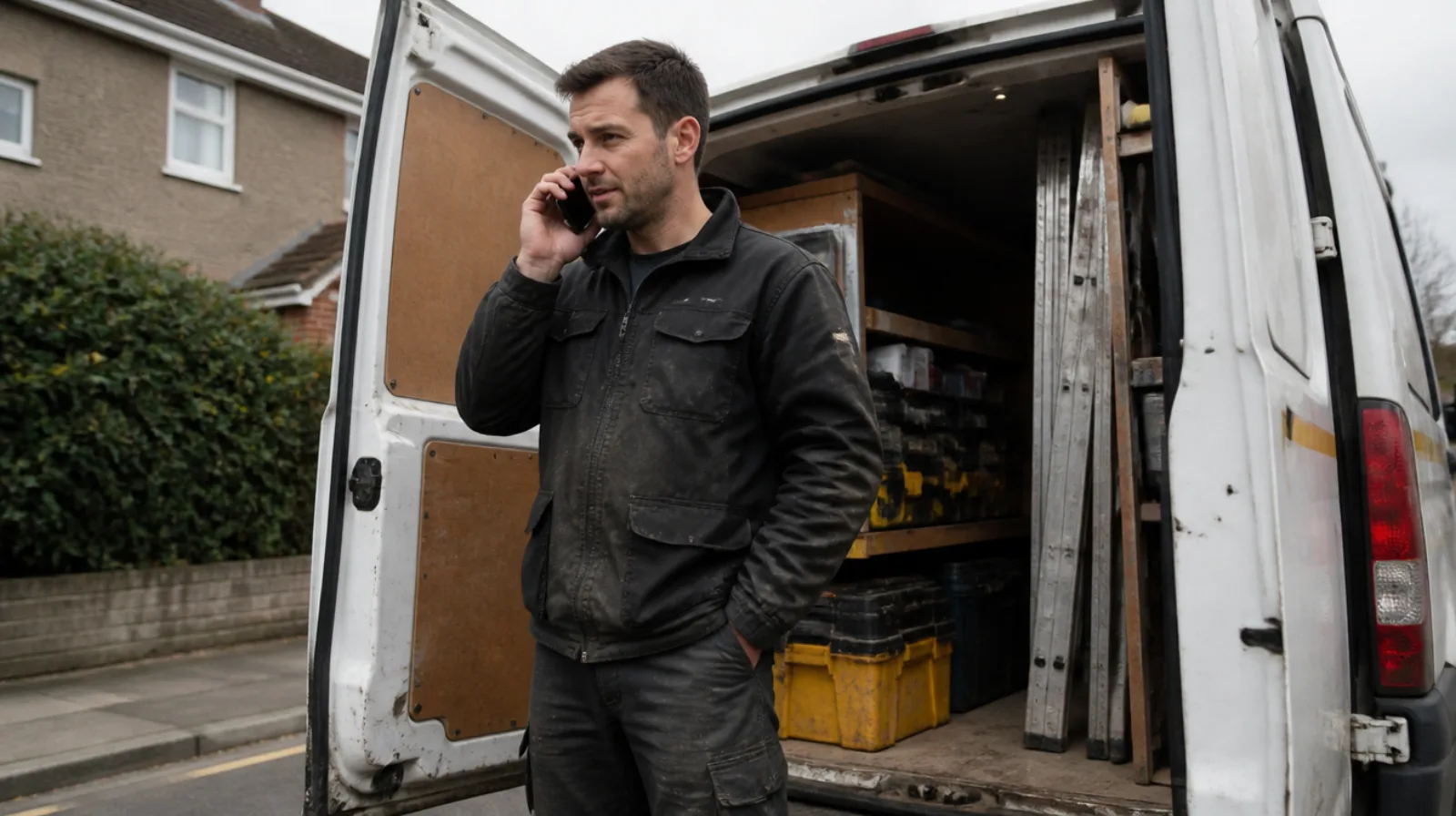 Tradesperson standing at the open back doors of a work van, taking a call on a mobile phone with tools visible behind them